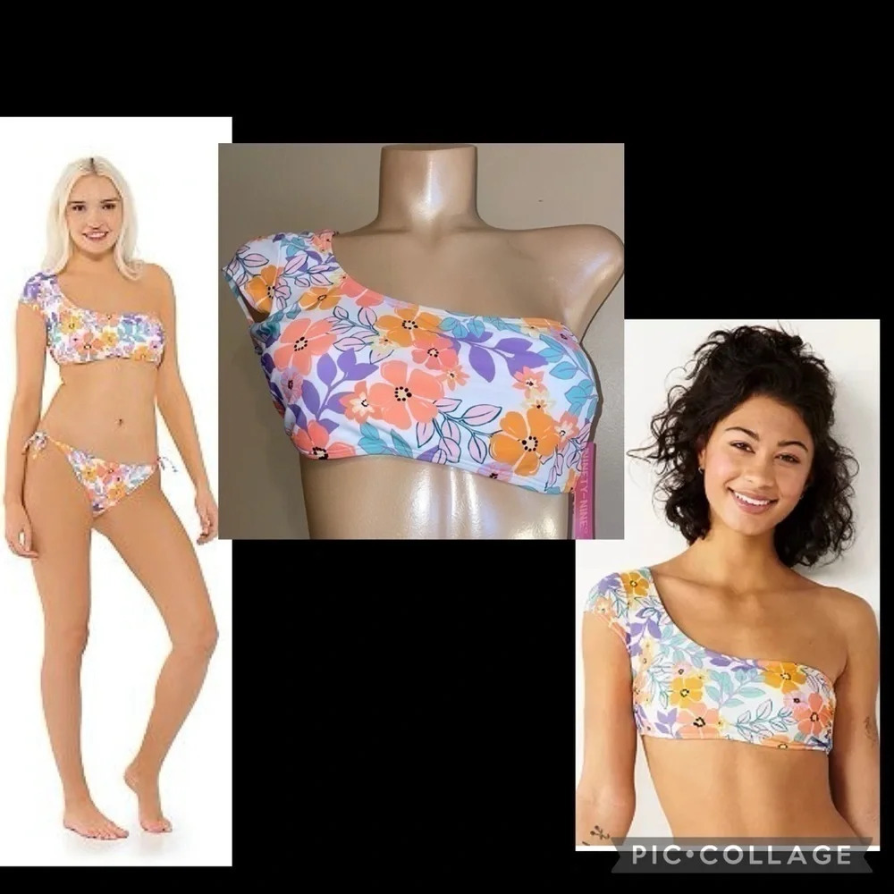 Ninety nine women’s bathing suit XL bikini Top one shoulder floral white NWT